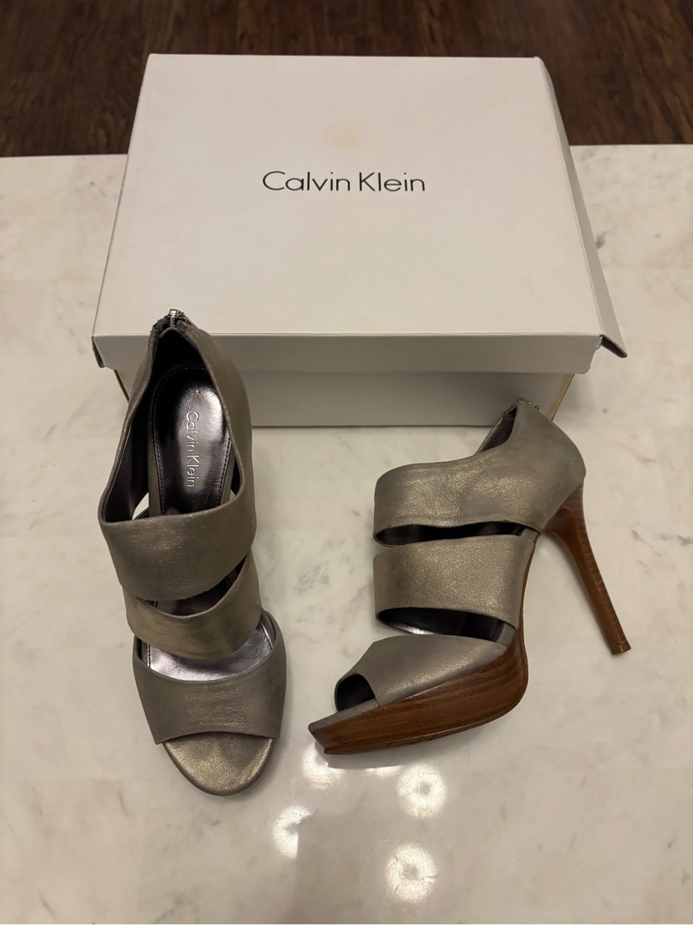 Calvin Klein Metallic Taupe Strappy High Heel Sandals